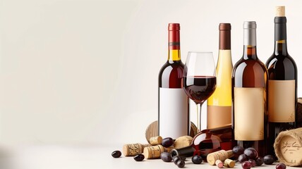 Assortment of wine bottles with glass red wine, corks, and grapes against beige background