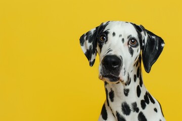 studio headshot portrait of Dalmatian dog looking forward against a yellow background