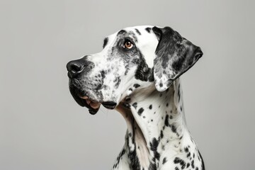 studio headshot portrait of harlequin Great Dane looking forward against a light gray background
