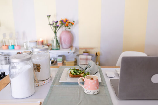 Desk with avocado toast