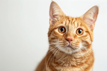 studio headshot portrait of rescued orange tabby cat looking forward against a white background