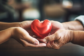 Young and old people hands holding red heart together. Love, help, social responsibility, donation, charity, ecology, gratitude, appreciate, world heart day concept