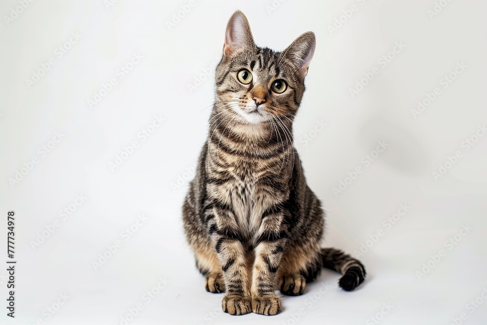 Sticker Studio portrait of a sitting tabby cat looking forward against a white backdground