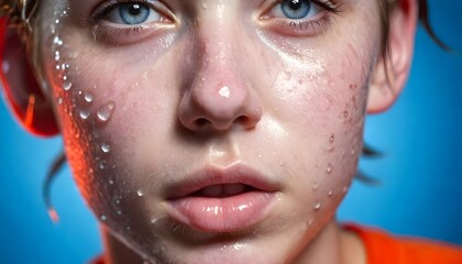 close up of young Caucasian woman's face with blue eyes and fair skin, with water droplets on her skin, 