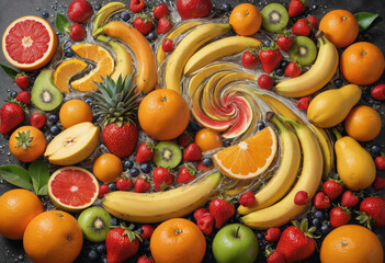 A swirling vortex of vibrant fruits, each one a vivid burst of color and flavor, creating a...
