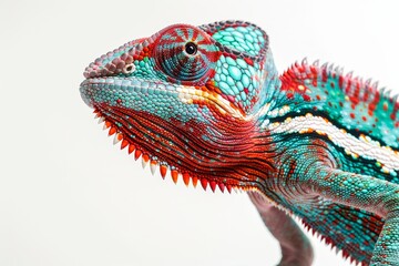Studio portrait of a teal and red Chameleon standing with one leg up against against a white backdrop © Aliaksandr Siamko