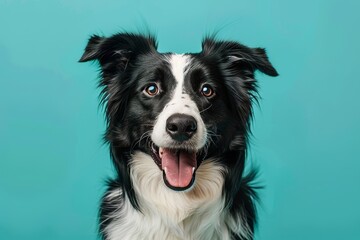 studio portrait of black and white border collie sitting looking forward with big smile mouth open tongue showing against a teal blue background
