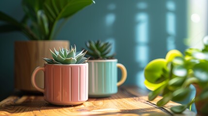 Two small pots of plants sit on a table next to each other, AI - obrazy, fototapety, plakaty