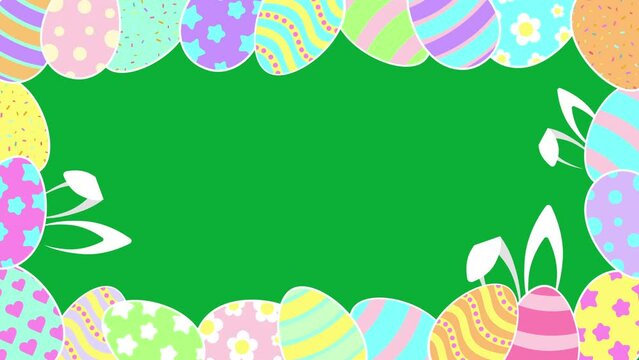 Happy Easter Animated Greeting Card Frame Template. Bunnies, decorated and painted eggs. Flat style design in creative pastel colors. Isolated on Green Screen.