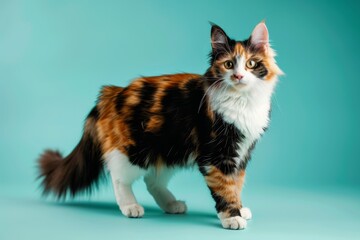 studio portrait of domestic calico cat standing and looking forward against a turquoise background - obrazy, fototapety, plakaty