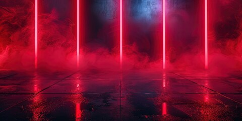 Abstract of bright red room with neon lines, security system, corridor, background, wallpaper.