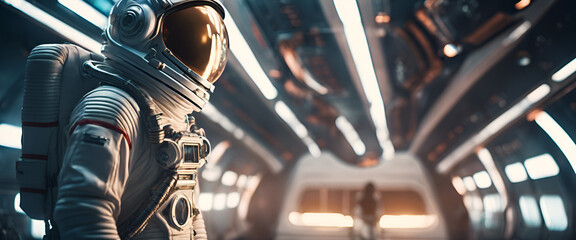 A cinematic scene of an astronaut standing in the corridor, with a spaceship interior background in a futuristic style in the style of a scifi movie - obrazy, fototapety, plakaty