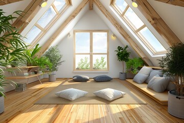 Eco-friendly attic conversion with a focus on sustainability, featuring reclaimed wood beams, bamboo flooring, and energy