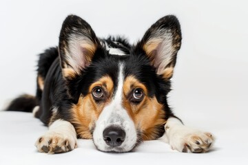 studio portrait of tri color white black and brown corgi looking forward with a tilted head laying down against a white background
