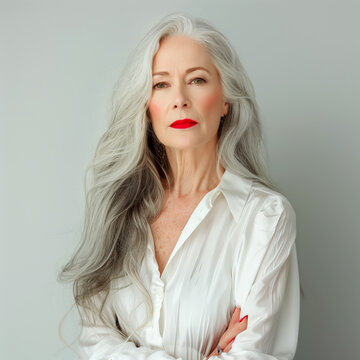 Studio portrait of beautiful mature woman, close-up