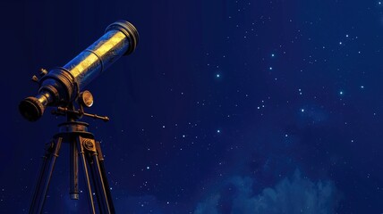 Antique telescope against starry night sky backdrop, evoking sense of astronomy and exploration