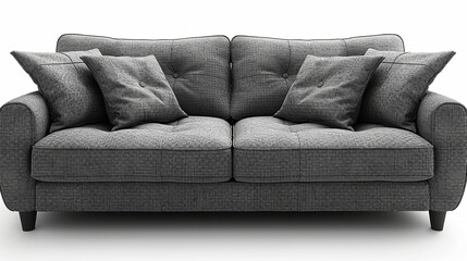 A gray soft sofa with two pillows, featuring modern design and isolated on a white background.