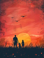 Zelfklevend Fotobehang Father's day background with family silhouette, copy space - generative ai © Nia™