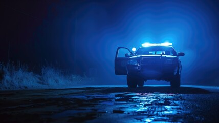 Police car with flashing lights on dark road at night - obrazy, fototapety, plakaty