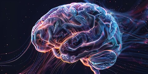 Brain with implanted wires as a symbol of artificial intelligence, concept, new technologies, background, wallpaper.