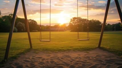 Empty swings at sunset in peaceful park with golden sunlight and long shadows on grass