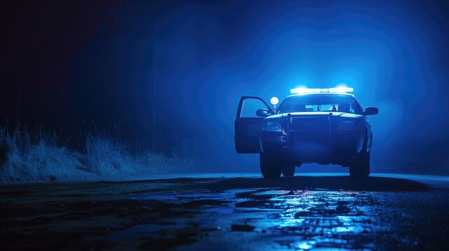 Police car with flashing lights on dark road at night