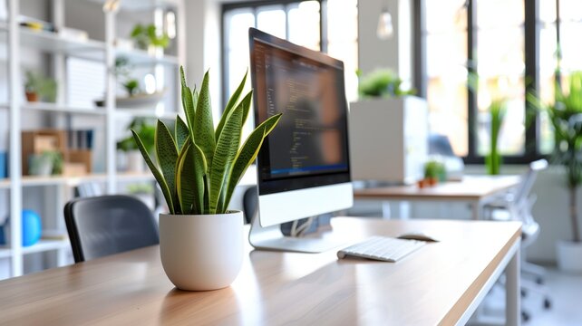 Modern office workspace featuring desktop computer with code on screen, potted plant, and blurred background