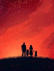 Gordijnen Father's day background with family silhouette, copy space - generative ai © Nia™