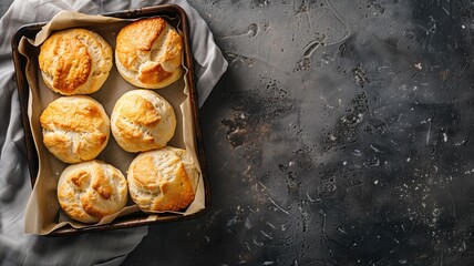 Freshly baked buns with golden crusts in baking tray on dark surface