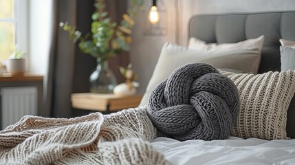 A knot pillow and a black and white blanket displayed on a single bed, complementing the fashionable interior adorned with a green leaf in a vase on a wooden nightstand.