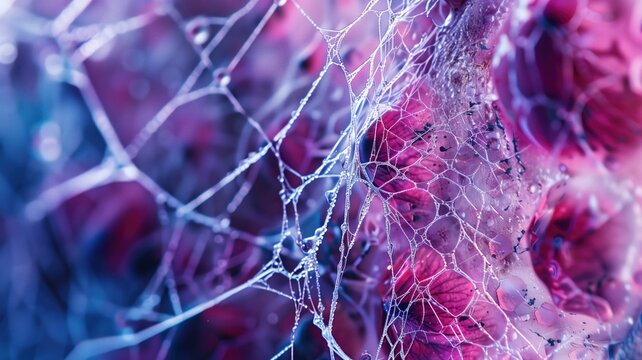 Close-up of spider web on blurred background with pink and blue color palette