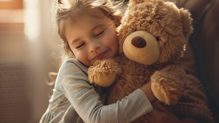 A cheerful 6-7-year-old girl holds her favorite teddy bear in a tender embrace, conveying the warmth of family love.
