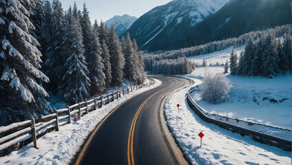 Beautiful winding road shot from above, winter