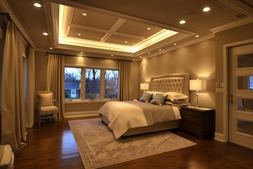 Fototapeta premium Elegant Tray Ceiling with Soft Uplighting in a Master Bedroom Suite