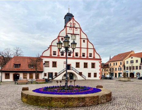 Grimma, Germany - 03.30.2024: Market square in the old town of Grimma