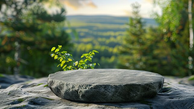 3D pedestal of flat small stone on rock platform, gray rock podium for product display, green forest and blurry horizon in the background, natural scenery landscape, soft daily light