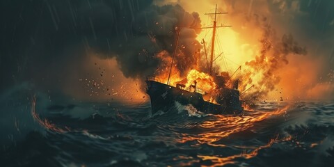 Vessel Inferno in Raging Storm - obrazy, fototapety, plakaty