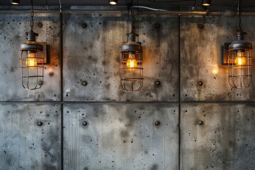 Fototapeta na wymiar Industrial Chic: Concrete Wall with Metal Accents and Edison Bulb Lighting