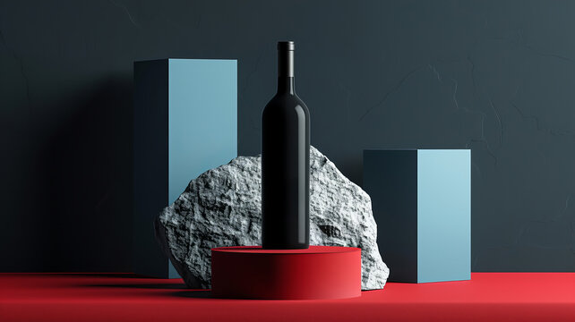 A stylish promotional photo of an expensive wine in a bottle among the stones. A bottle of wine on the pedestal or podium in trendy colors and shades