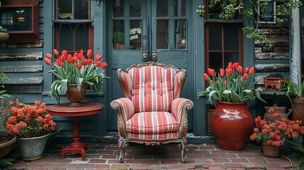 Fototapeta na wymiar Single armchair with a red ceramic pedestal table and vase of spring tulips with a matching striped red and white cushion on a brick paved outdoor patio for a relaxing break