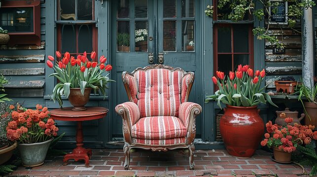 Single armchair with a red ceramic pedestal table and vase of spring tulips with a matching striped red and white cushion on a brick paved outdoor patio for a relaxing break