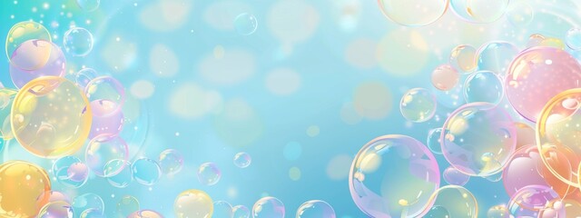 A soft blue background with large, colorful bubbles floating in the air, creating an abstract and dreamy atmosphere for design use Generative AI