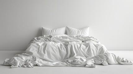 A studio shot of a white single bed with a cotton duvet cover, isolated on a white background.