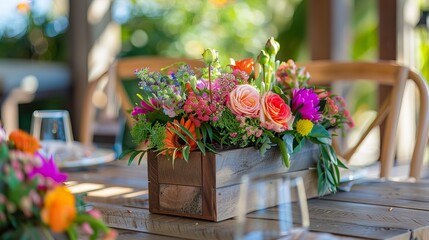 Fototapeta premium A wooden box filled with colorful flowers and greenery sits on a timber table, creating a vibrant centerpiece for a meal. In the background, a rattan chair adds an elegant touch to the setting.