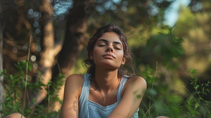 A young woman sits outdoors, surrounded by nature. She has a relaxed and serene expression on her face. She is enjoying the peace and quiet of being in nature.