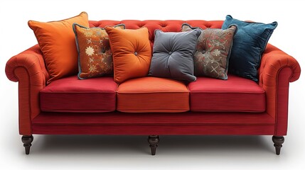 A studio shot capturing a modern couch with pillows, isolated on a white background.
