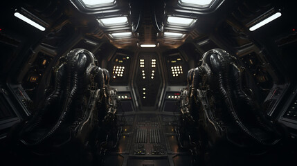 alien spaceship, view from inside the interior of the ship. extraterrestrial origin - obrazy, fototapety, plakaty