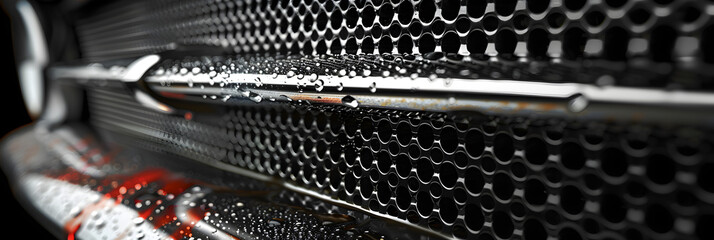 Grid of car. Radiator grille. Close-up texture,
Chrome grill of big powerful engine macro