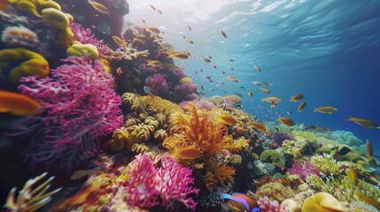 Fototapeta na wymiar A vibrant coral reef beneath the ocean's surface, teeming with life and color. The clarity of the water reveals the intricate details of the coral and the diversity of marine life that calls it home. 