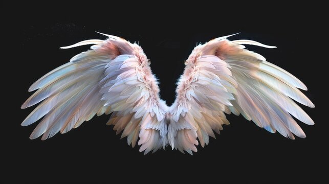 Angel wings isolated on the black background, fantasy feather wings for fashion design, cosplay and dress up party.